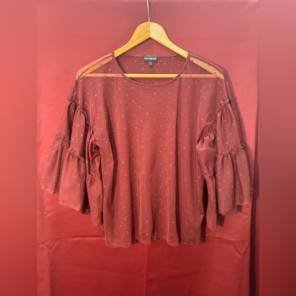 Express Sheer Maroon Blouse Polkadot Flowy - Size Medium
